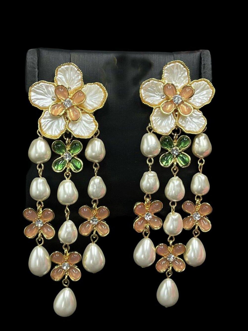 NEW Vintage Style Enamel Flower Pearl Chandelier Earrings Pink White Floral
